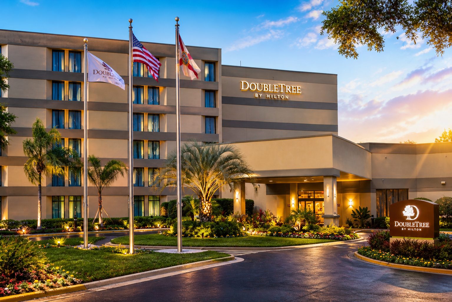 Exterior of Hilton hotel near UCF campus - DoubleTree Orlando East